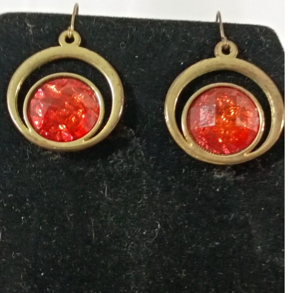 Vintage Red Cabochon Gold Hoop Earrings - Dainty Resin Drop Earrings